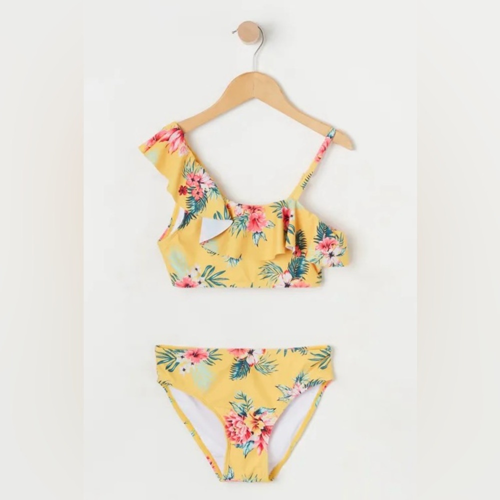 Girls Tropical Print One Shoulder 2 Piece Swimsuit - Yellow / Size L (14/16)